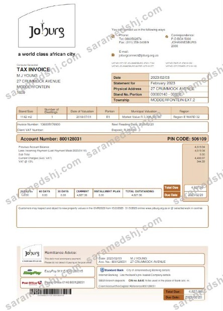SOUTH AFRICA JOBURG utility bill Word and PDF template